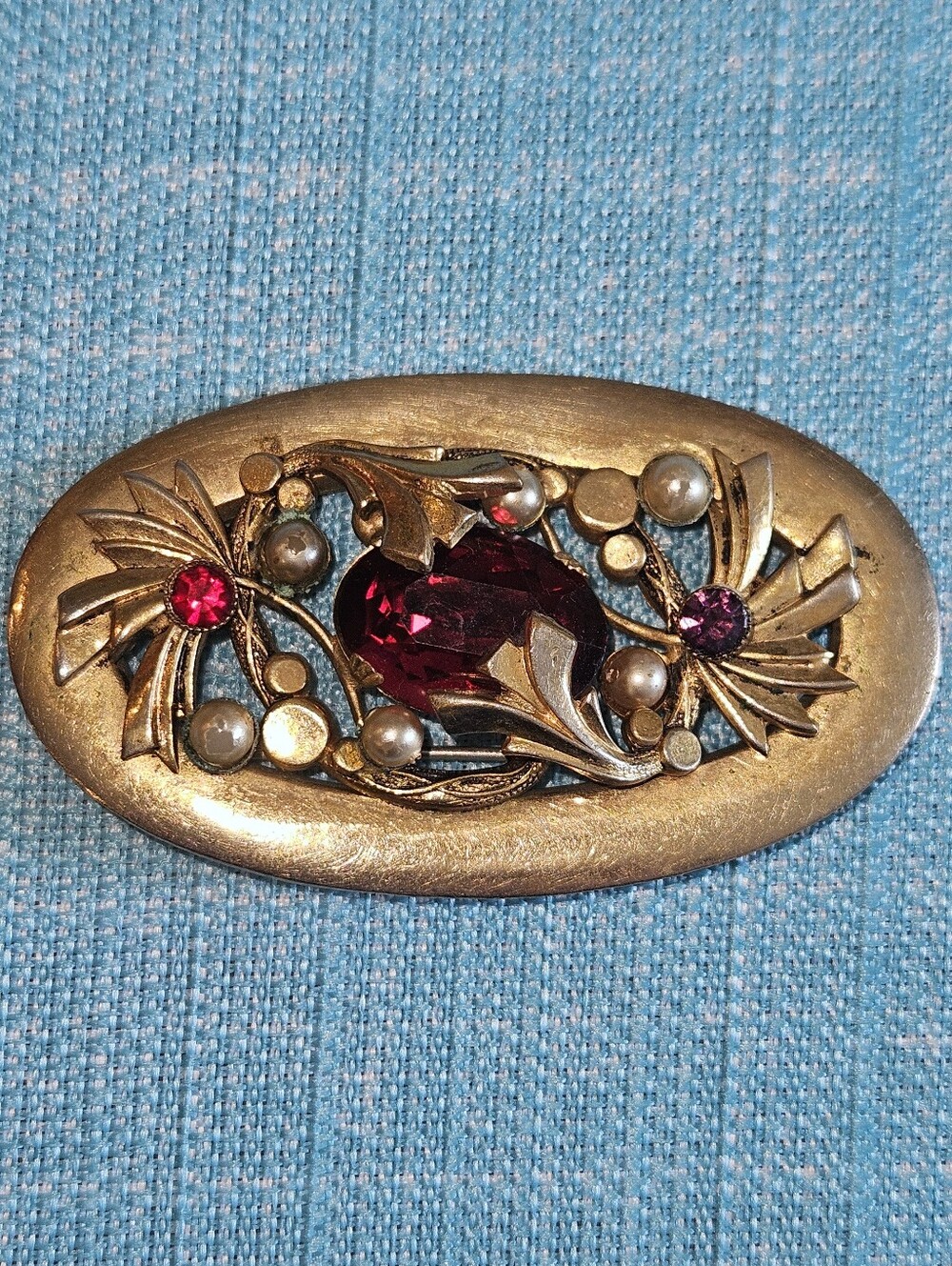 Antique Gold-Tone Floral Brooch Large  Red Colored Rhinestones and Faux Pearls
